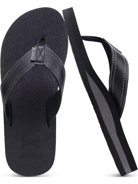 Men\'s Black Yoga Mat Leather Flip Flops Slip On Indoor Outdoor Sandal Slipper